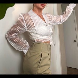 Sheer White Retro Christina Button Tie Front Blouse